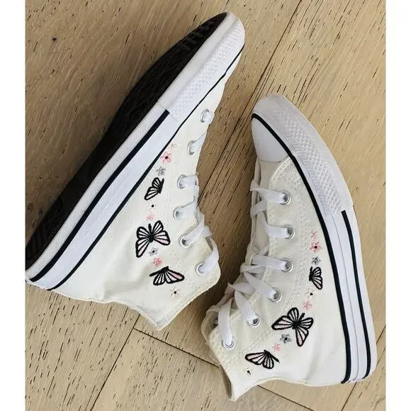 Converse Chuck Taylor All Star High Top Girls Youth Size 1 White With Butterfly - Picture 4 of 6